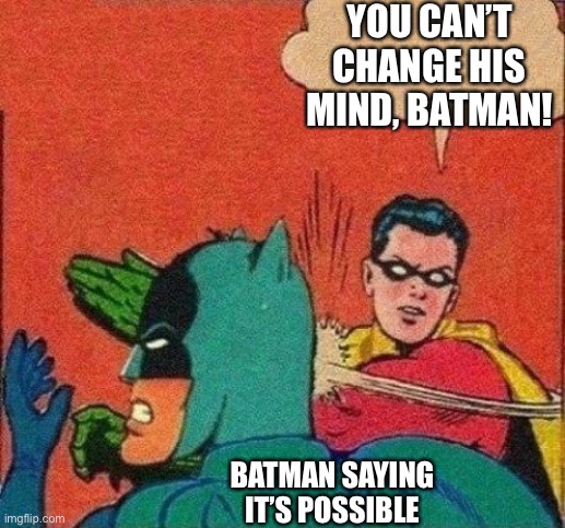 Robin Slaps Batman | YOU CAN’T CHANGE HIS MIND, BATMAN! BATMAN SAYING IT’S POSSIBLE | image tagged in robin slaps batman | made w/ Imgflip meme maker