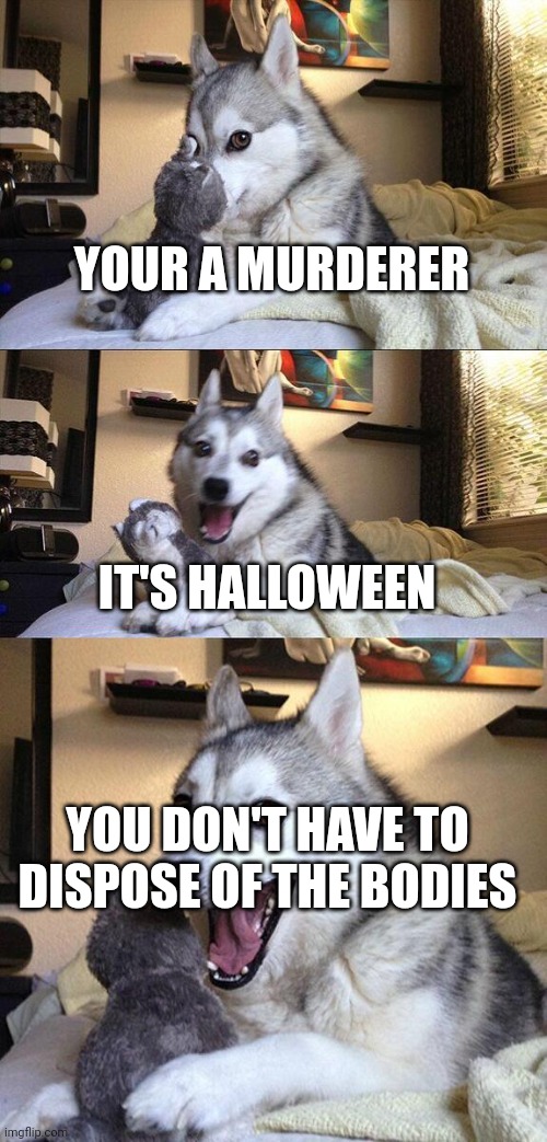 Bad Pun Dog Meme | YOUR A MURDERER; IT'S HALLOWEEN; YOU DON'T HAVE TO DISPOSE OF THE BODIES | image tagged in memes,bad pun dog | made w/ Imgflip meme maker