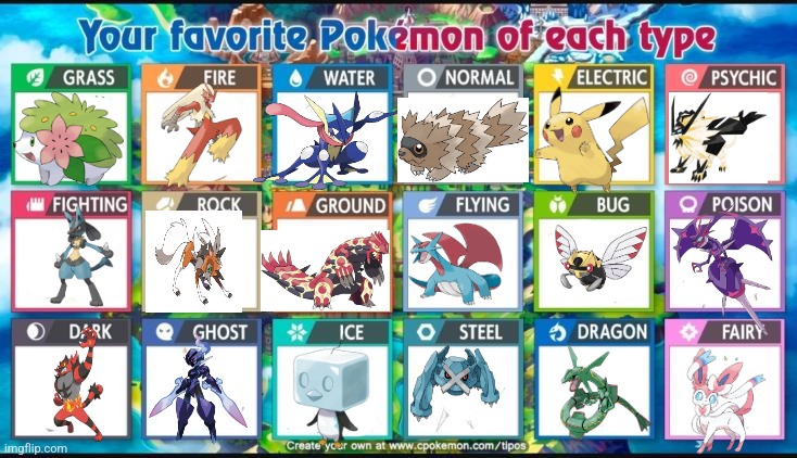 Here's my favorite Pokémon for each type | image tagged in favorite pok mon of every type | made w/ Imgflip meme maker