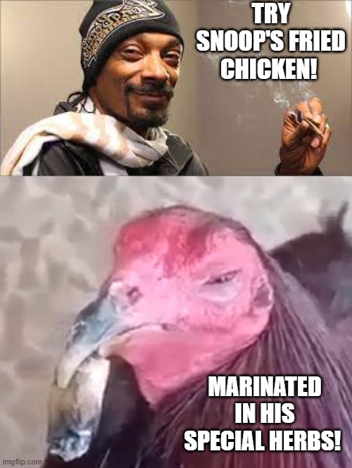 Snoop's Fried Chicken! | TRY SNOOP'S FRIED CHICKEN! MARINATED IN HIS SPECIAL HERBS! | image tagged in chicken,snoop dogg approves | made w/ Imgflip meme maker