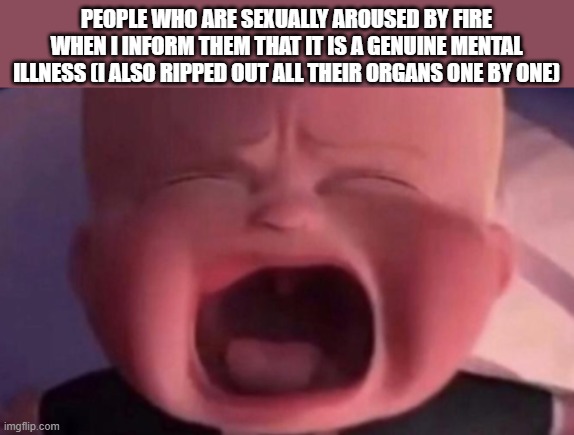 boss baby crying | PEOPLE WHO ARE SEXUALLY AROUSED BY FIRE WHEN I INFORM THEM THAT IT IS A GENUINE MENTAL ILLNESS (I ALSO RIPPED OUT ALL THEIR ORGANS ONE BY ONE) | image tagged in boss baby crying | made w/ Imgflip meme maker