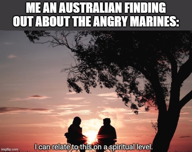 I can relate to this on a spiritual level. | ME AN AUSTRALIAN FINDING OUT ABOUT THE ANGRY MARINES: | image tagged in i can relate to this on a spiritual level | made w/ Imgflip meme maker