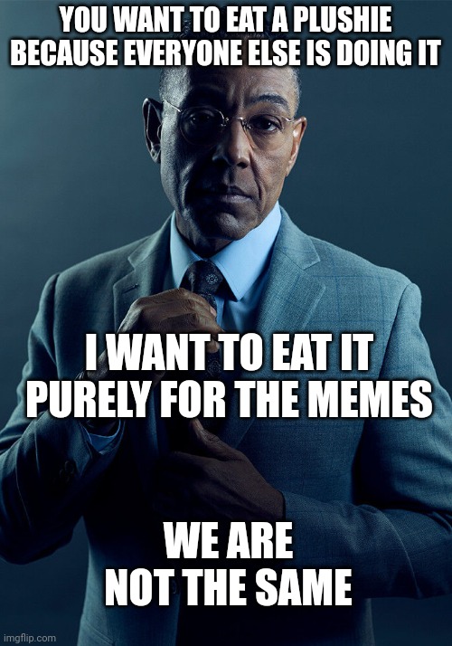 Gus Fring we are not the same | YOU WANT TO EAT A PLUSHIE BECAUSE EVERYONE ELSE IS DOING IT; I WANT TO EAT IT PURELY FOR THE MEMES; WE ARE NOT THE SAME | image tagged in gus fring we are not the same | made w/ Imgflip meme maker