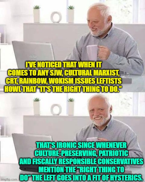 Yep . . . anyone else notice this? | I'VE NOTICED THAT WHEN IT COMES TO ANY SJW, CULTURAL MARXIST, CRT, RAINBOW, WOKISM ISSUES LEFTISTS HOWL THAT "IT'S THE RIGHT THING TO DO."; THAT'S IRONIC SINCE WHENEVER CULTURE-PRESERVING, PATRIOTIC AND FISCALLY RESPONSIBLE CONSERVATIVES MENTION THE "RIGHT THING TO DO" THE LEFT GOES INTO A FIT OF HYSTERICS. | image tagged in hide the pain harold | made w/ Imgflip meme maker
