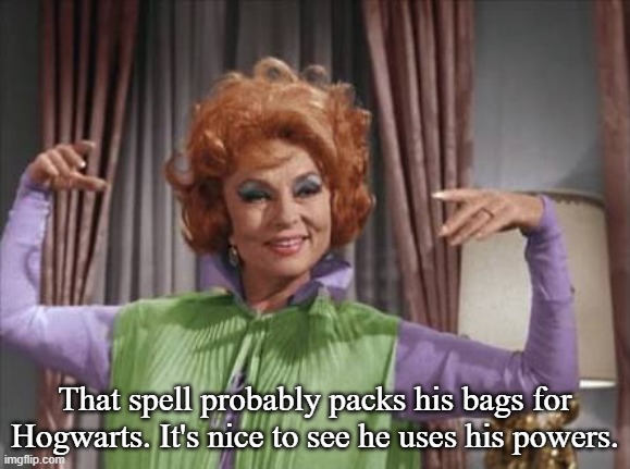 Endora | That spell probably packs his bags for Hogwarts. It's nice to see he uses his powers. | image tagged in endora | made w/ Imgflip meme maker