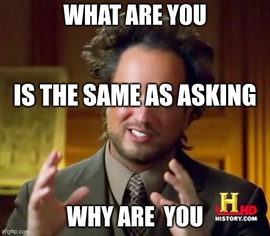 Ancient Aliens | WHAT ARE YOU; IS THE SAME AS ASKING; WHY ARE  YOU | image tagged in memes,ancient aliens | made w/ Imgflip meme maker
