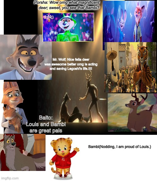 Porsha: Wow omg what magnificent deer; sweet, you see that Bambi? Mr. Wolf; Nice fella deer was awesome better omg is acting and saving Legoshi's life.!!!! Balto: Louis and Bambi are great pals; Bambi(Nodding, I am proud of Louis.) | image tagged in memes,buff doge vs cheems | made w/ Imgflip meme maker