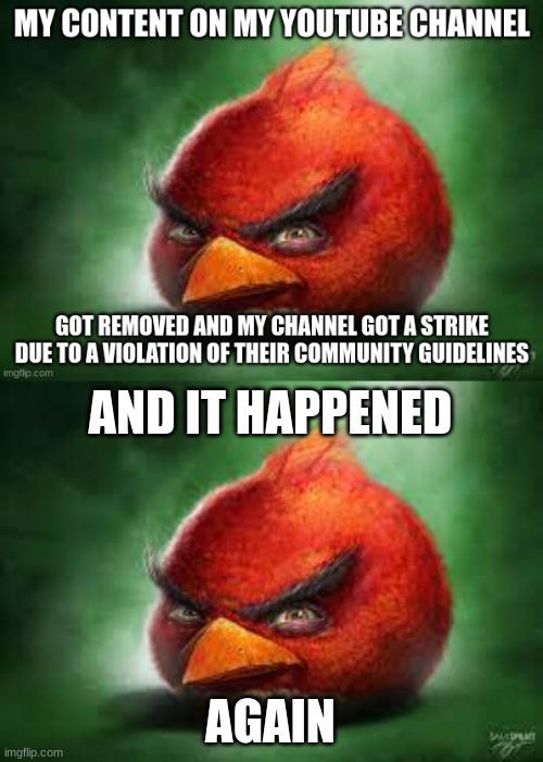 AND IT HAPPENED; AGAIN | image tagged in lol,realistic red angry birds,youtube,youtube community guidelines,youtube strike,little trolling | made w/ Imgflip meme maker