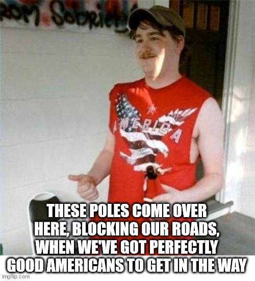 Redneck Randal Meme | THESE POLES COME OVER HERE, BLOCKING OUR ROADS, WHEN WE'VE GOT PERFECTLY GOOD AMERICANS TO GET IN THE WAY | image tagged in memes,redneck randal | made w/ Imgflip meme maker