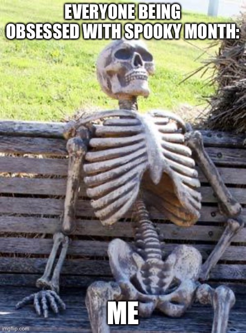Spooky Month is kinda overrated.... | EVERYONE BEING OBSESSED WITH SPOOKY MONTH:; ME | image tagged in memes,waiting skeleton | made w/ Imgflip meme maker