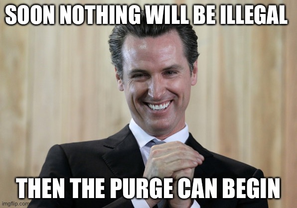 Scheming Gavin Newsom  | SOON NOTHING WILL BE ILLEGAL THEN THE PURGE CAN BEGIN | image tagged in scheming gavin newsom | made w/ Imgflip meme maker
