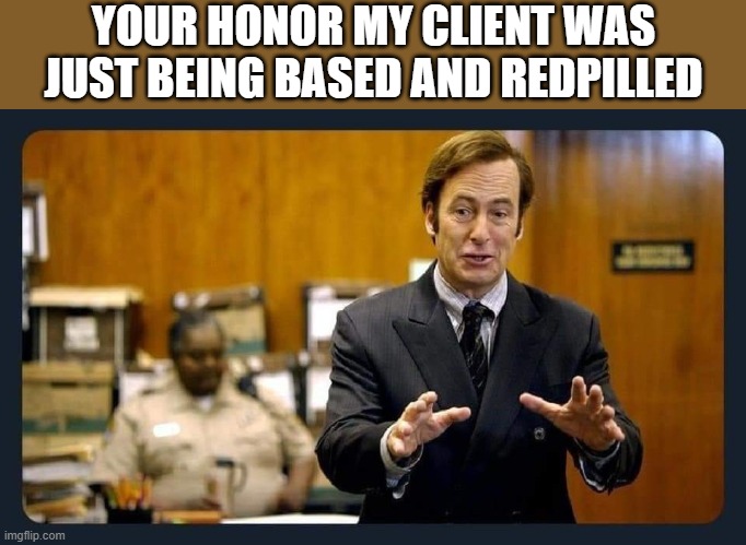 Your honour | YOUR HONOR MY CLIENT WAS JUST BEING BASED AND REDPILLED | image tagged in your honour | made w/ Imgflip meme maker