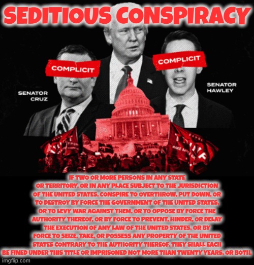 SEDITIOUS CONSPIRACY | SEDITIOUS CONSPIRACY; IF TWO OR MORE PERSONS IN ANY STATE OR TERRITORY, OR IN ANY PLACE SUBJECT TO THE JURISDICTION OF THE UNITED STATES, CONSPIRE TO OVERTHROW, PUT DOWN, OR TO DESTROY BY FORCE THE GOVERNMENT OF THE UNITED STATES, OR TO LEVY WAR AGAINST THEM, OR TO OPPOSE BY FORCE THE AUTHORITY THEREOF, OR BY FORCE TO PREVENT, HINDER, OR DELAY THE EXECUTION OF ANY LAW OF THE UNITED STATES, OR BY FORCE TO SEIZE, TAKE, OR POSSESS ANY PROPERTY OF THE UNITED STATES CONTRARY TO THE AUTHORITY THEREOF, THEY SHALL EACH BE FINED UNDER THIS TITLE OR IMPRISONED NOT MORE THAN TWENTY YEARS, OR BOTH. | image tagged in seditious,conspiracy,overthrow,hinder,delay,law | made w/ Imgflip meme maker