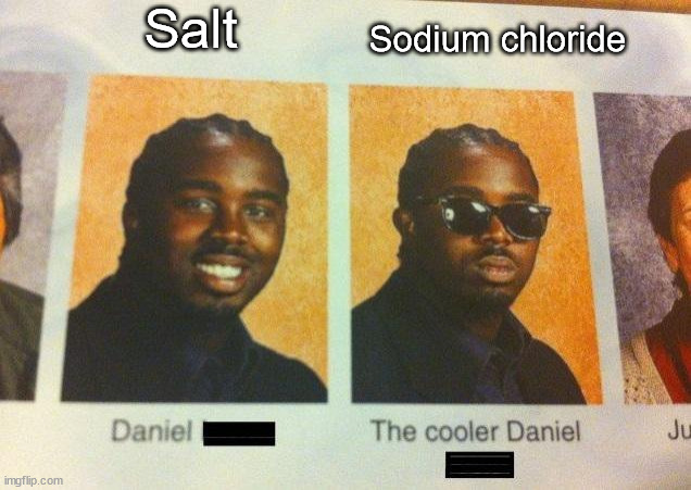 . | Salt; Sodium chloride | image tagged in the cooler daniel | made w/ Imgflip meme maker