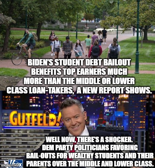 Raise you hand if you are shocked -- shacked I say! -- over Dem Party politicians doing this.  No one? | BIDEN’S STUDENT DEBT BAILOUT BENEFITS TOP EARNERS MUCH MORE THAN THE MIDDLE OR LOWER CLASS LOAN-TAKERS,  A NEW REPORT SHOWS. WELL NOW, THERE'S A SHOCKER.  DEM PARTY POLITICIANS FAVORING BAIL-OUTS FOR WEALTHY STUDENTS AND THEIR PARENTS OVER THE MIDDLE AND LOWER CLASS. | image tagged in no surprise | made w/ Imgflip meme maker