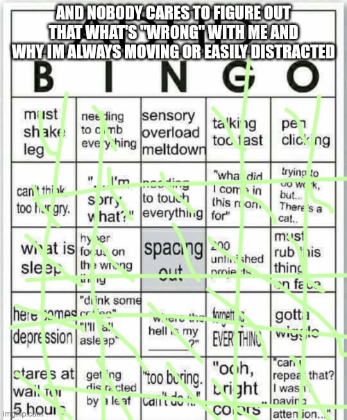 Im bored | AND NOBODY CARES TO FIGURE OUT THAT WHAT'S "WRONG" WITH ME AND WHY IM ALWAYS MOVING OR EASILY DISTRACTED | image tagged in adhd bingo,repost | made w/ Imgflip meme maker