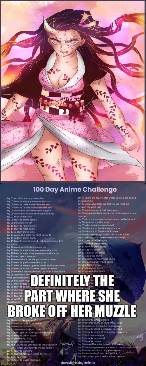 Day 24 | DEFINITELY THE PART WHERE SHE BROKE OFF HER MUZZLE | image tagged in 100 day anime challenge | made w/ Imgflip meme maker