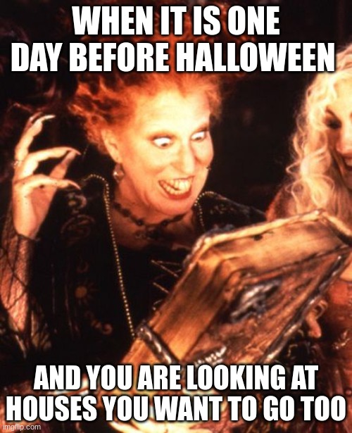 me every Halloween | WHEN IT IS ONE DAY BEFORE HALLOWEEN; AND YOU ARE LOOKING AT HOUSES YOU WANT TO GO TOO | image tagged in winifred book | made w/ Imgflip meme maker