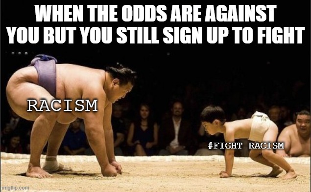 Unfair fight | WHEN THE ODDS ARE AGAINST YOU BUT YOU STILL SIGN UP TO FIGHT; RACISM; #FIGHT RACISM | image tagged in unfair fight | made w/ Imgflip meme maker
