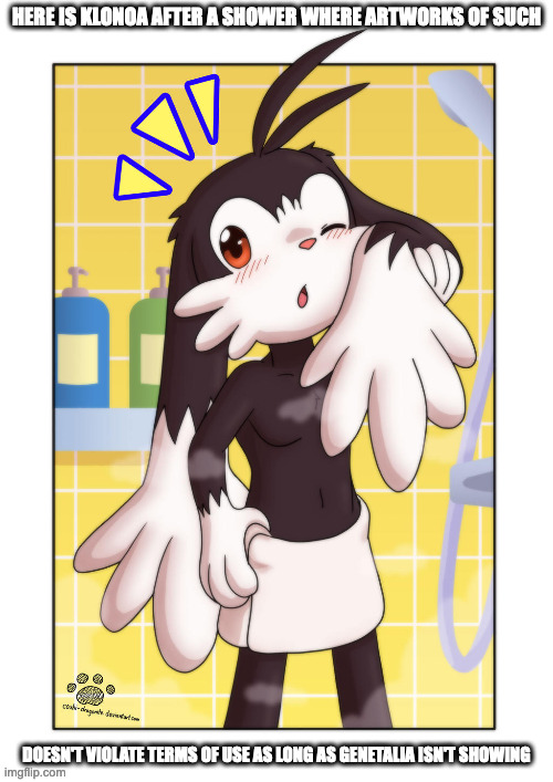 Klonoa After a Shower | HERE IS KLONOA AFTER A SHOWER WHERE ARTWORKS OF SUCH; DOESN'T VIOLATE TERMS OF USE AS LONG AS GENETALIA ISN'T SHOWING | image tagged in klonoa,shower,memes | made w/ Imgflip meme maker
