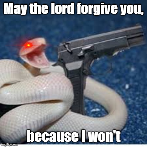 Let me go grab my Uzi... | May the lord forgive you, because I won't | image tagged in snake got gun | made w/ Imgflip meme maker