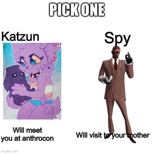 Blank Transparent Square Meme | PICK ONE; Spy; Katzun; Will meet you at anthrocon; Will visit to your mother | image tagged in memes,blank transparent square | made w/ Imgflip meme maker