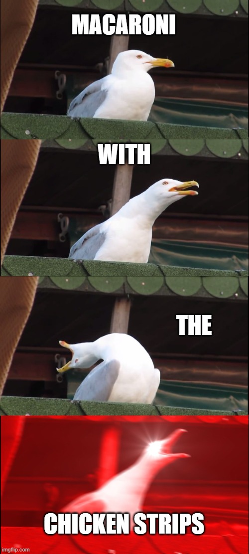 Inhaling Seagull | MACARONI; WITH; THE; CHICKEN STRIPS | image tagged in memes,inhaling seagull | made w/ Imgflip meme maker