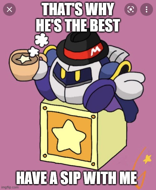 Meta Knight having a cup of tea | THAT'S WHY HE'S THE BEST HAVE A SIP WITH ME | image tagged in meta knight having a cup of tea | made w/ Imgflip meme maker