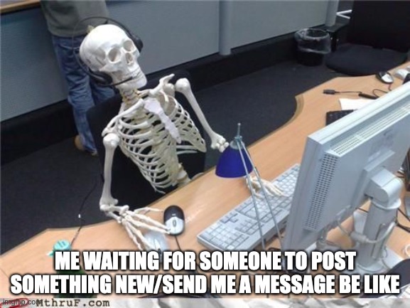 Skeleton Computer | ME WAITING FOR SOMEONE TO POST SOMETHING NEW/SEND ME A MESSAGE BE LIKE | image tagged in skeleton computer | made w/ Imgflip meme maker