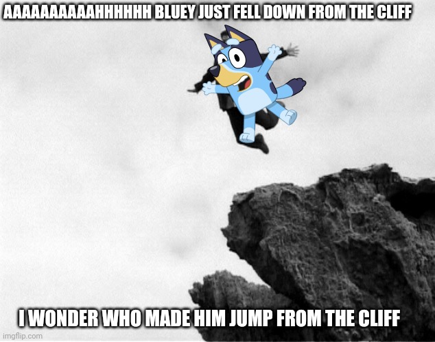Nooooooooooo | AAAAAAAAAAHHHHHH BLUEY JUST FELL DOWN FROM THE CLIFF; I WONDER WHO MADE HIM JUMP FROM THE CLIFF | image tagged in man jumping off a cliff,bluey,nooooooooo,jump | made w/ Imgflip meme maker