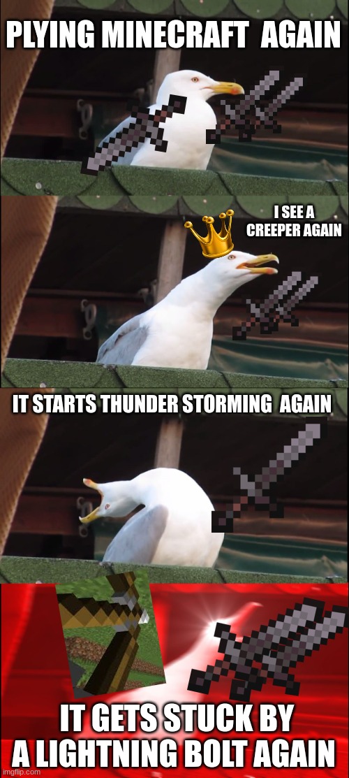 Inhaling Seagull | PLYING MINECRAFT  AGAIN; I SEE A CREEPER AGAIN; IT STARTS THUNDER STORMING  AGAIN; IT GETS STUCK BY A LIGHTNING BOLT AGAIN | image tagged in memes,inhaling seagull | made w/ Imgflip meme maker
