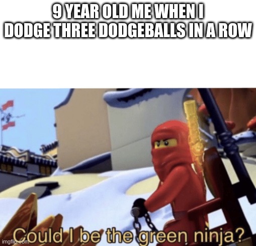 Could I Be The Green Ninja? | 9 YEAR OLD ME WHEN I DODGE THREE DODGEBALLS IN A ROW | image tagged in could i be the green ninja | made w/ Imgflip meme maker