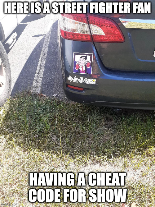 Cheat Code on Car | HERE IS A STREET FIGHTER FAN; HAVING A CHEAT CODE FOR SHOW | image tagged in cars,cheat code,memes | made w/ Imgflip meme maker