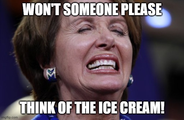 Nancy Pelosi crying or making a wish | WON'T SOMEONE PLEASE THINK OF THE ICE CREAM! | image tagged in nancy pelosi crying or making a wish | made w/ Imgflip meme maker