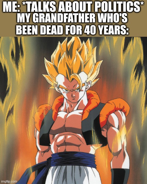 Gogeta time | ME: *TALKS ABOUT POLITICS*; MY GRANDFATHER WHO'S BEEN DEAD FOR 40 YEARS: | image tagged in dbz gogeta | made w/ Imgflip meme maker