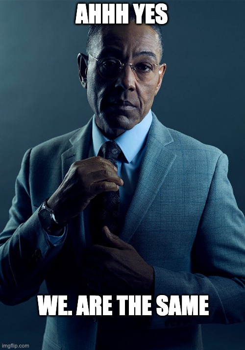 Gus Fring we are not the same | AHHH YES WE. ARE THE SAME | image tagged in gus fring we are not the same | made w/ Imgflip meme maker