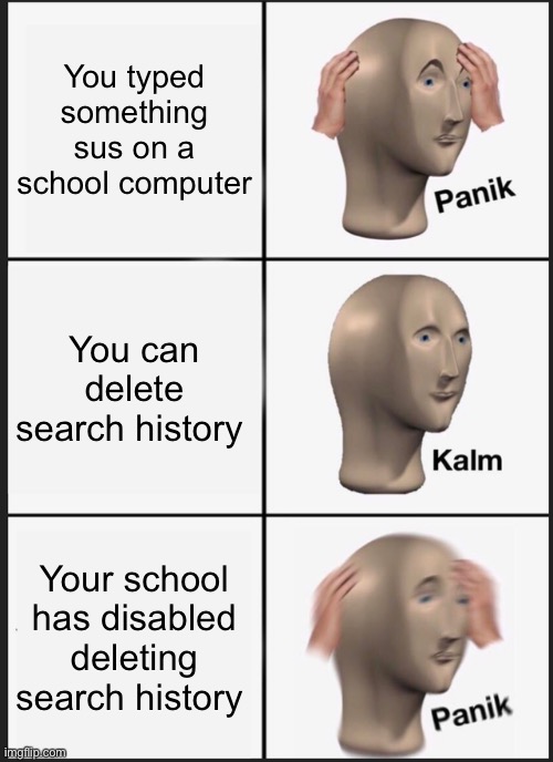 Happened to me | You typed something sus on a school computer; You can delete search history; Your school has disabled deleting search history | image tagged in memes,panik kalm panik | made w/ Imgflip meme maker
