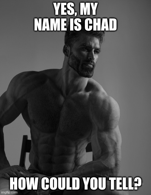 Giga Chad | YES, MY NAME IS CHAD; HOW COULD YOU TELL? | image tagged in giga chad | made w/ Imgflip meme maker