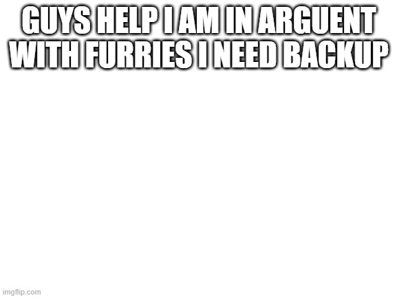 help pls ill post meme in comments and i tried not to start war | GUYS HELP I AM IN ARGUENT WITH FURRIES I NEED BACKUP | image tagged in blank white template | made w/ Imgflip meme maker
