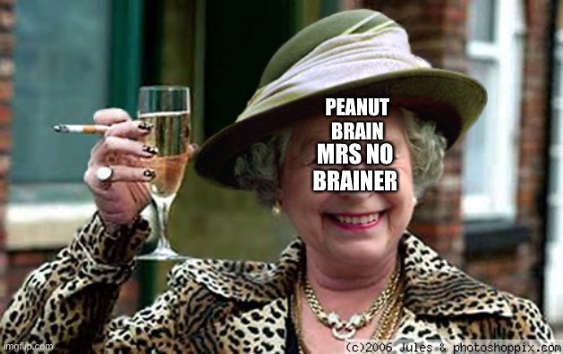 Queen Elizabeth | PEANUT BRAIN; MRS NO BRAINER | image tagged in queen elizabeth | made w/ Imgflip meme maker