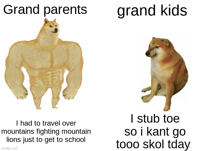 grandparents vs. grand kids |  Grand parents; grand kids; I had to travel over mountains fighting mountain lions just to get to school; I stub toe so i kant go tooo skol tday | image tagged in memes,buff doge vs cheems,family,funny | made w/ Imgflip meme maker