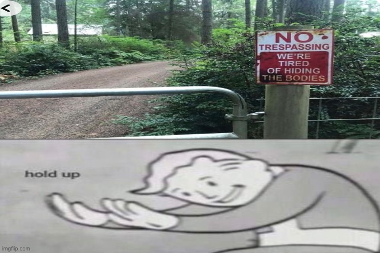 I would be tried too lol | image tagged in bodies,fallout hold up,hold up,cursed sign | made w/ Imgflip meme maker