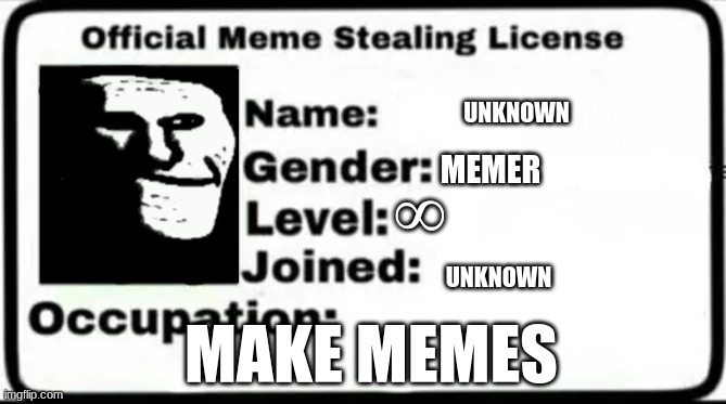my licenge | UNKNOWN; MEMER; ∞; UNKNOWN; MAKE MEMES | image tagged in ahhhhhhhhhhhhh | made w/ Imgflip meme maker