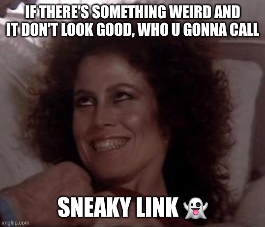 Sneaky Link, funny, Oct 4 |  IF THERE'S SOMETHING WEIRD AND
IT DON'T LOOK GOOD, WHO U GONNA CALL; SNEAKY LINK 👻 | image tagged in ghostbusters | made w/ Imgflip meme maker