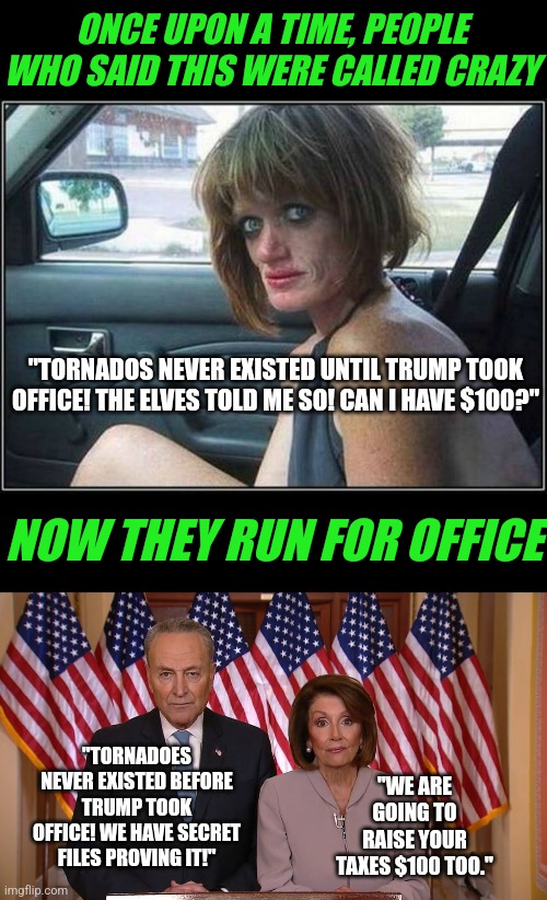 Fun fact. Just because morons run for office, it does not mean you need to vote for them! |  ONCE UPON A TIME, PEOPLE WHO SAID THIS WERE CALLED CRAZY; "TORNADOS NEVER EXISTED UNTIL TRUMP TOOK OFFICE! THE ELVES TOLD ME SO! CAN I HAVE $100?"; NOW THEY RUN FOR OFFICE; "TORNADOES NEVER EXISTED BEFORE TRUMP TOOK OFFICE! WE HAVE SECRET FILES PROVING IT!"; "WE ARE GOING TO RAISE YOUR TAXES $100 TOO." | image tagged in chuck and nancy,democrats,crazy,voting,expanding brain,coincidence i think not | made w/ Imgflip meme maker