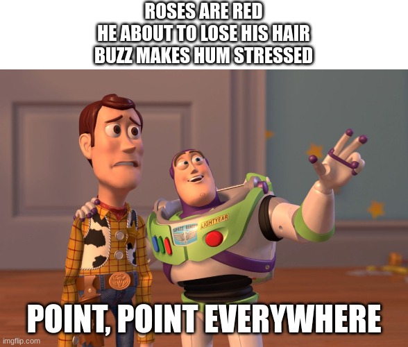 X, X everywhere | ROSES ARE RED
HE ABOUT TO LOSE HIS HAIR
BUZZ MAKES HUM STRESSED; POINT, POINT EVERYWHERE | image tagged in memes,x x everywhere | made w/ Imgflip meme maker