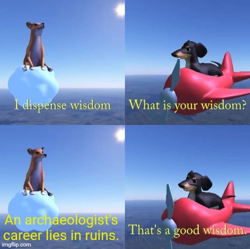 Wisdom dog | An archaeologist's career lies in ruins. | image tagged in wisdom dog | made w/ Imgflip meme maker