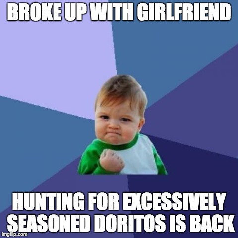 Success Kid Meme | BROKE UP WITH GIRLFRIEND HUNTING FOR EXCESSIVELY SEASONED DORITOS IS BACK | image tagged in memes,success kid | made w/ Imgflip meme maker