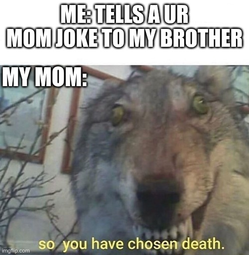 so you have chosen death | ME: TELLS A UR MOM JOKE TO MY BROTHER; MY MOM: | image tagged in so you have chosen death,funny,memes,your mom | made w/ Imgflip meme maker