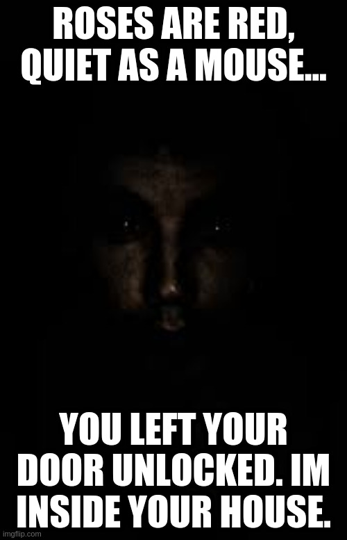 run. | ROSES ARE RED, QUIET AS A MOUSE... YOU LEFT YOUR DOOR UNLOCKED. IM INSIDE YOUR HOUSE. | image tagged in face in darkness,prepare to die | made w/ Imgflip meme maker